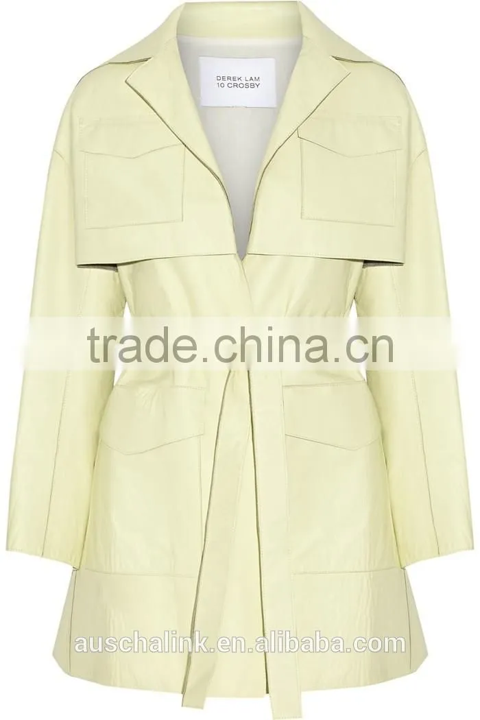 fashion design women light green leather trench coat OEM service