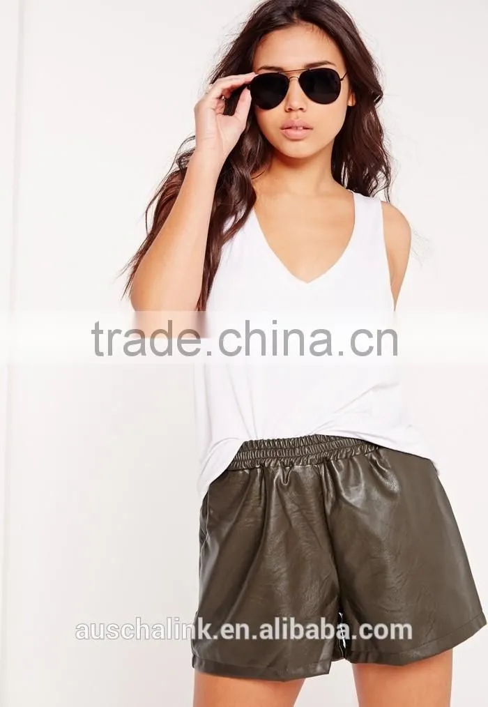 custom ladies khaki elasticated waist faux leather shorts