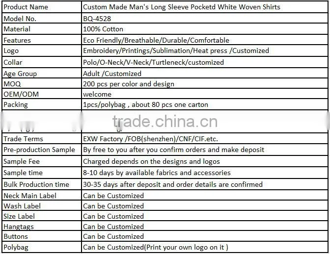 Custom Made Man's Long Sleeve Pocketd White Woven Shirts