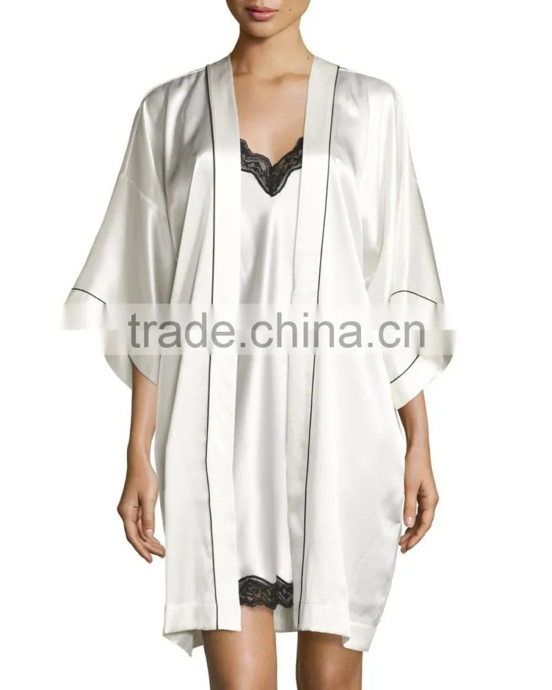Contrast-Trimmed silk kimono robes night gown satin bathrobe