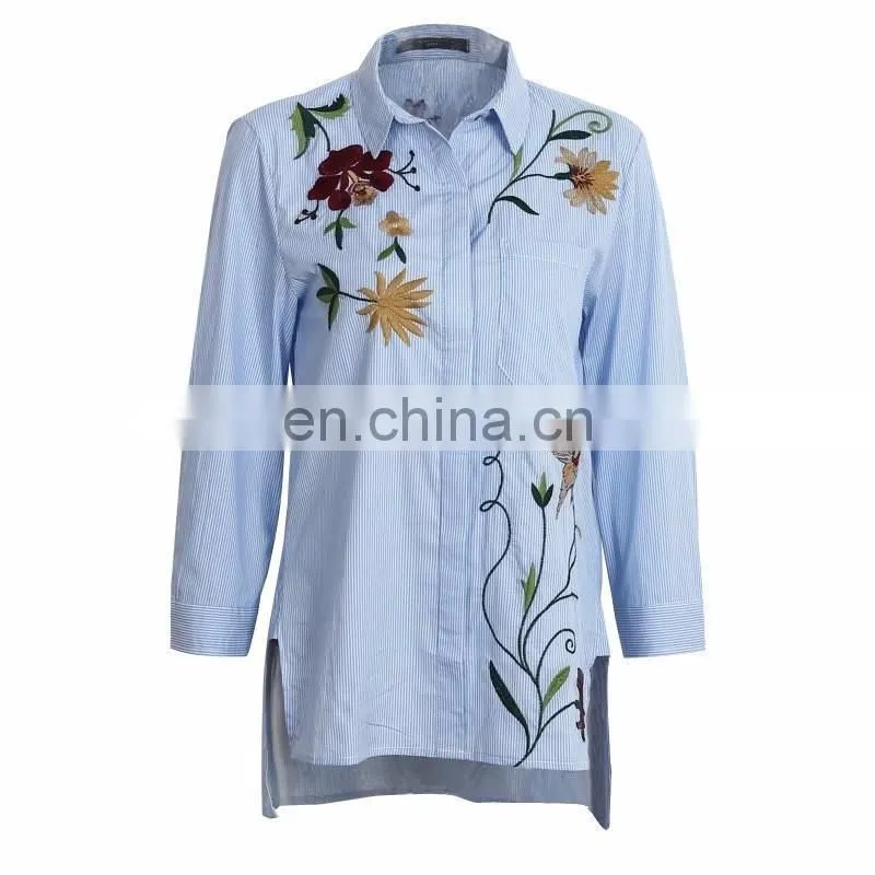 CH082 OEM service floral embroidered striped long sleeve casual blouse for women