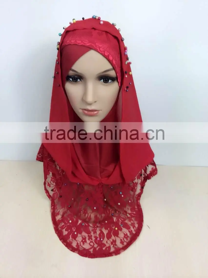 A390 Newest 2015 lace chiffon pearl islamic scarf hijab MUSLIM 2 PIECEs LONG HIJAB