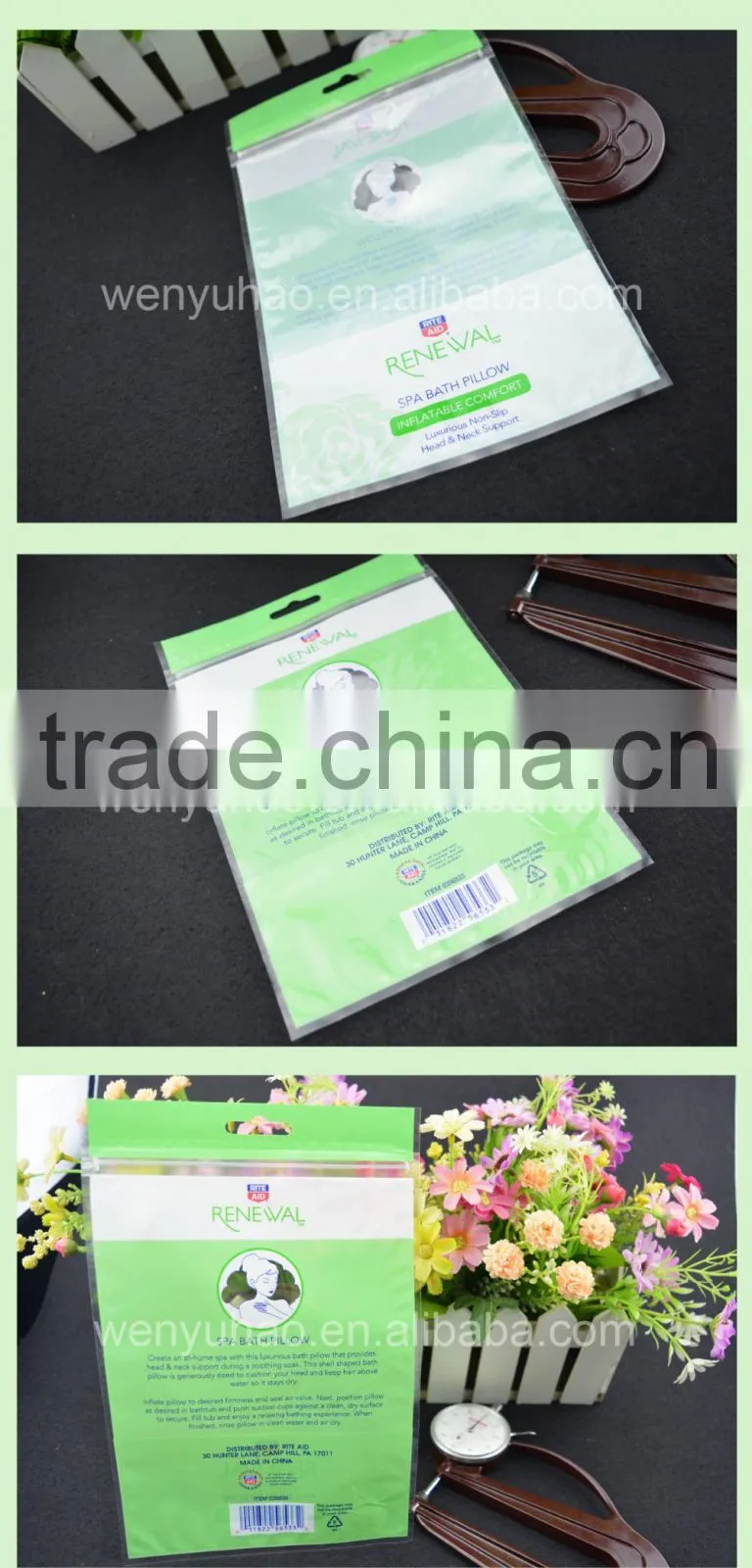 high quality factory wholesale PET+CPP 2 layers lamination header spa bath pillow packingbag with hanging hole