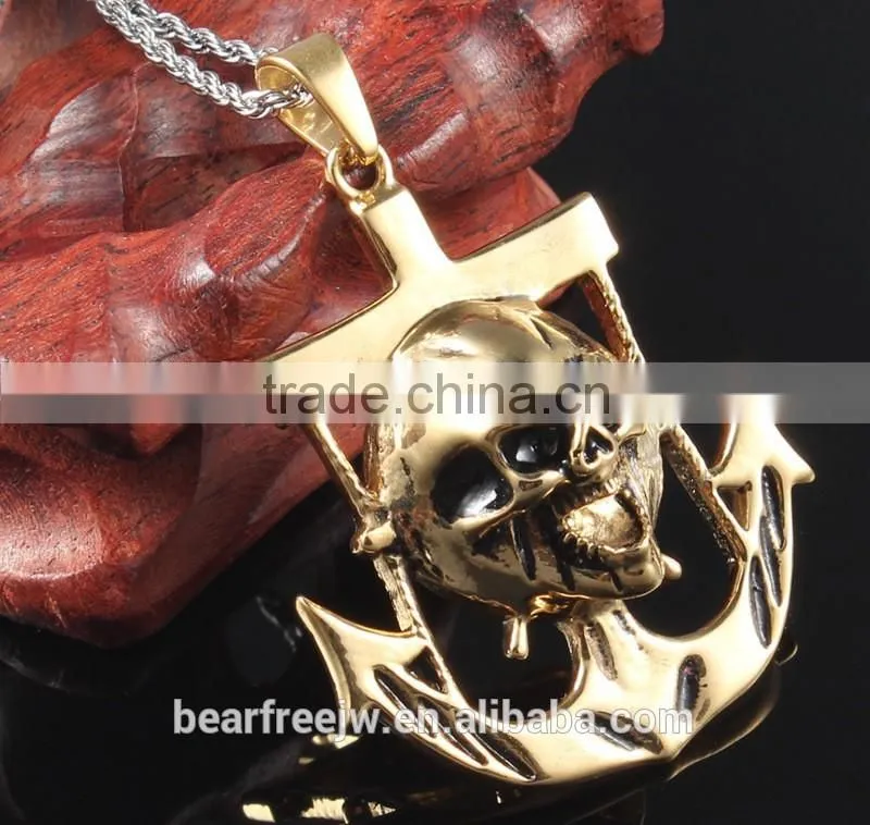 Titanium Stainless Steel Vintage Mens Punk Gold Skull Head Anchor Charm Necklace Pendant