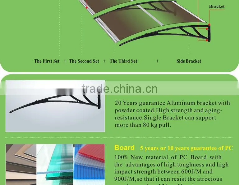 New arrival 1.5M assembled PC polycarbonate Metal Aluminum awning celling brackets for porch and window