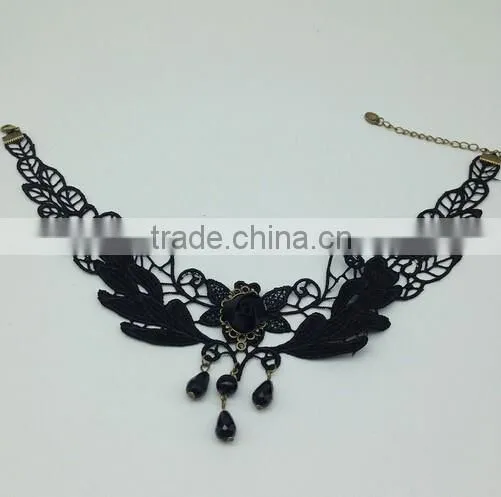Handmade Flower Drop Pendant Black Lace Choker Necklace Goth Vintage