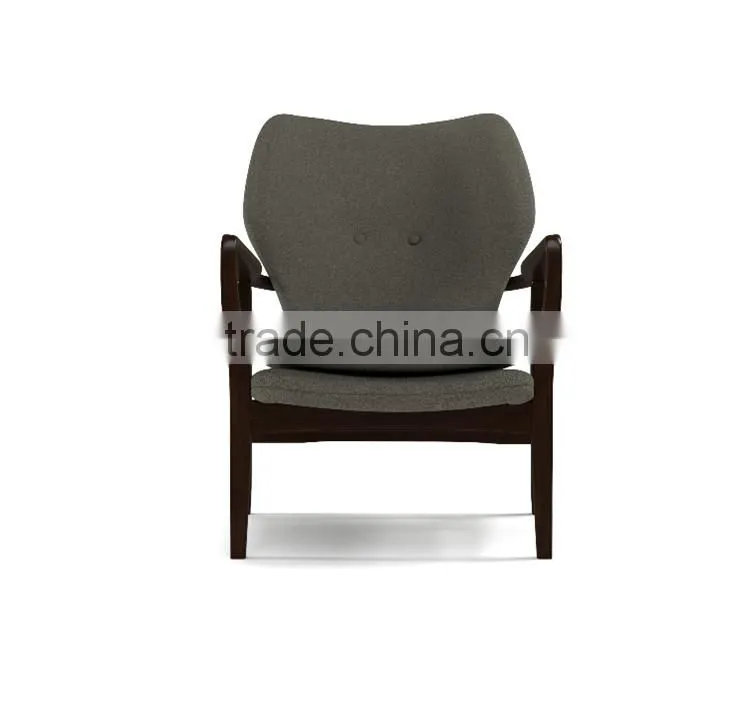 Mid-century walnut finished modern green fabric upholstered club chair with sleek polished wood arms