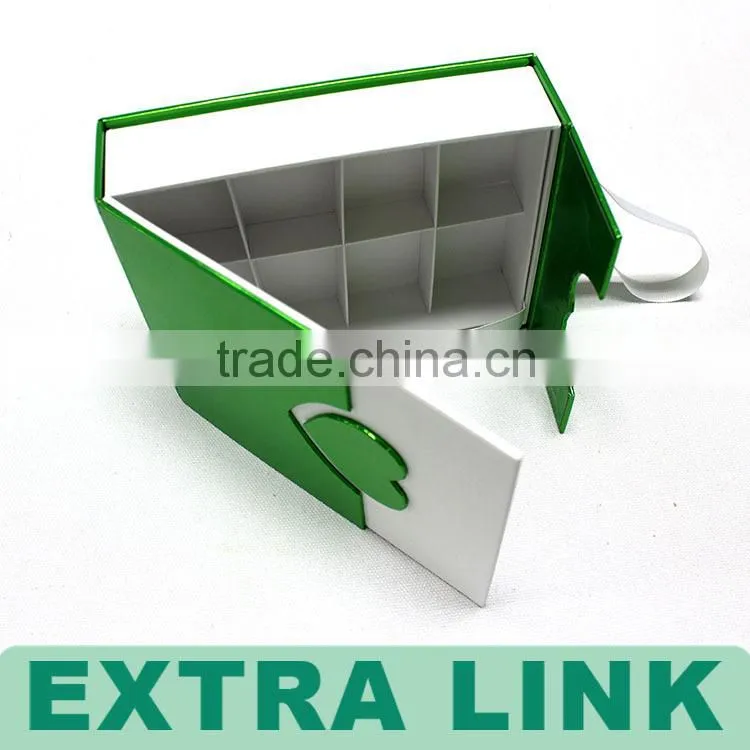 Handmade handle white insert green fancy paper wrapped heart closure chocolate cardboard box