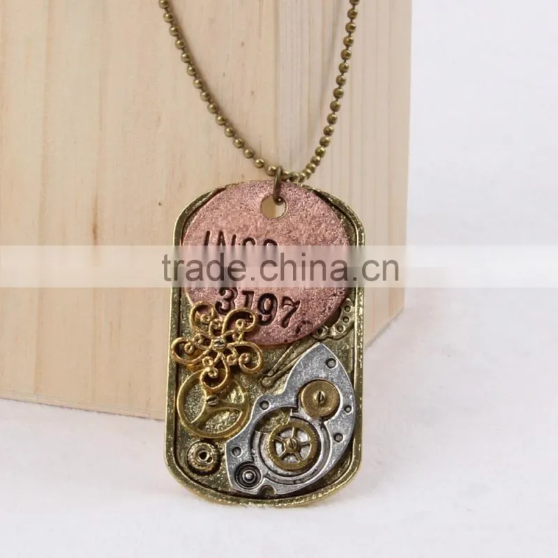 2015 yiwu fashion imitation jewelry steampunk necklace dog tag gear steam inspire letter pendant cameo statement necklace