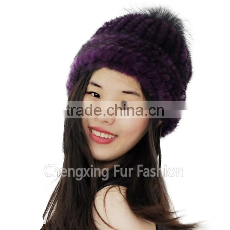 CX-C-239N Women Knitted Real Mink Fur Hats With Fox Fur Pom Pom