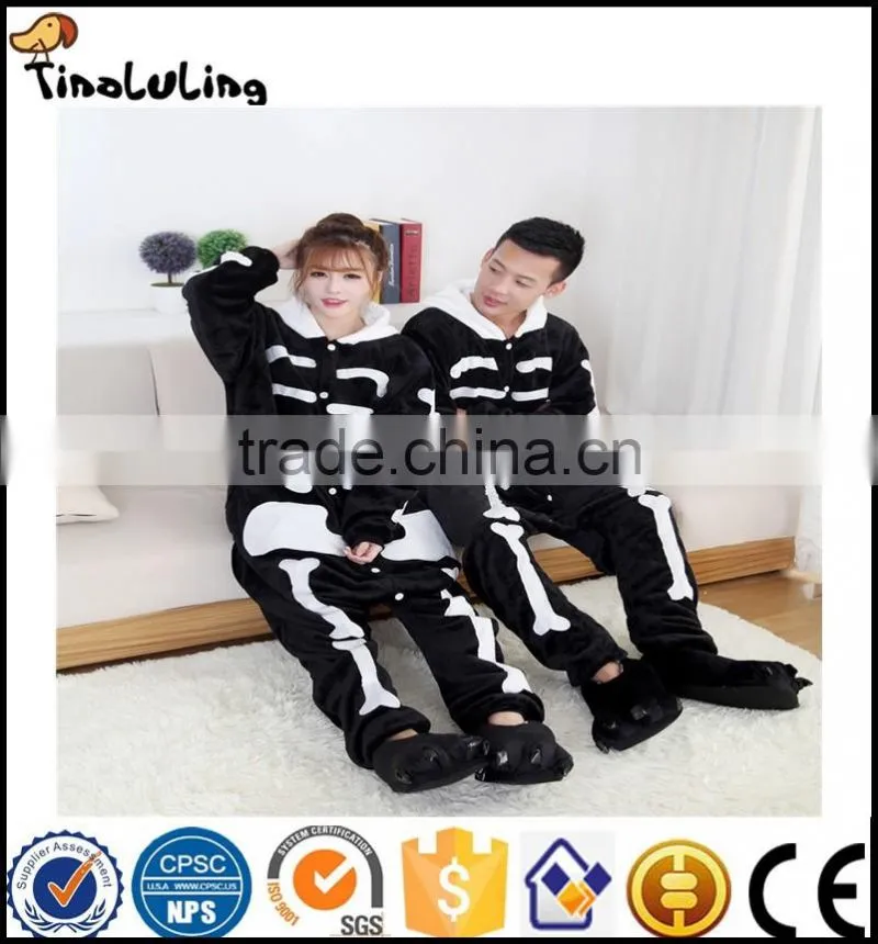 Hot Autumn and winter flannel lovers animal skull cartoon one piece sleepwear thermal lounge