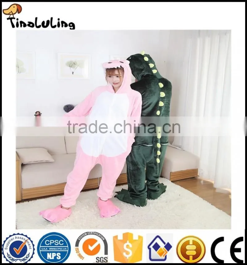 Autumn Winter Flannel Lovers Couples Animal Pajamas One Piece Cartoon Sleepwear Halloween Pink/Green Dinosaur Cosplay Pajama