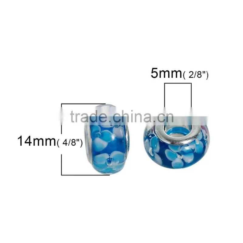 Round Silver Plated Core Flower Pattern Blue Transparent Lampwork Glass European Style Large Hole Charm Beads