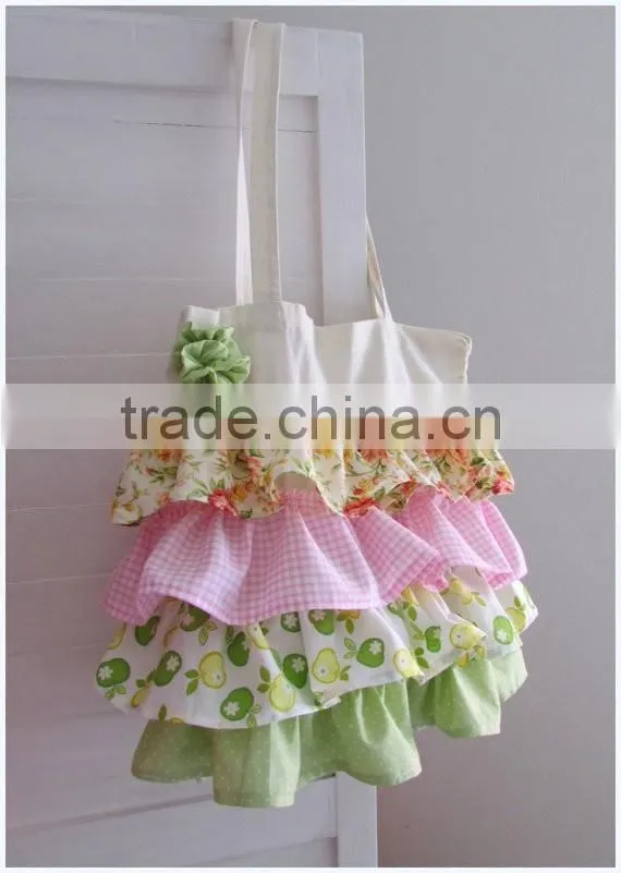 Latest women printed pattern cotton tote bag beautiful ruffle tote bag