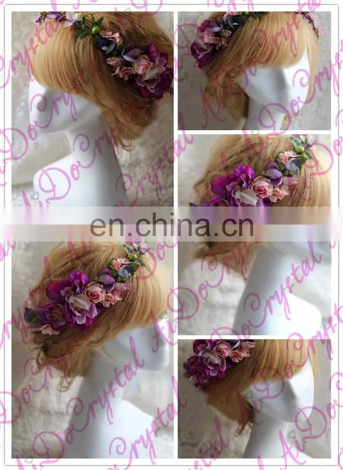 Aidocrystal lilac lavender wedding hair wreath, artificial flower crown hair accessories