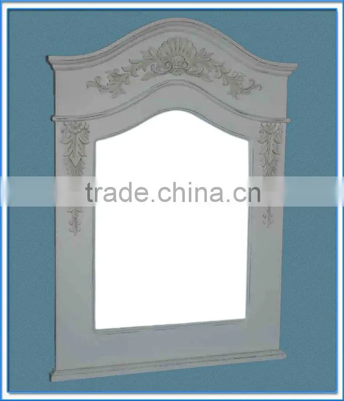 white color wooden framed mirror with decorative flowers / wooden wall mirror / wooden decorative mirror