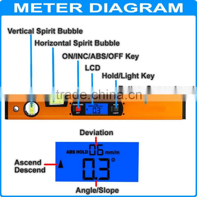 Digital Level 360 Degree Range Angle Finder Spirit Level Upright Magnets Golden Color Inclinometer