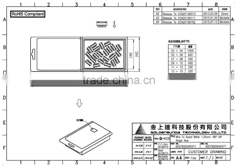 1.25mm Pitch 2 ~ 15 Pin Available Wire to Board DIP 3 Pin Connector