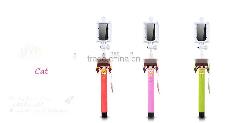 2015 Wholesale Lovely Cartoon Girl Design Portable Selfie Stick Wired Control