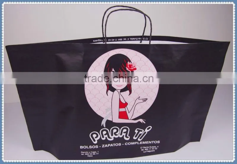 Colorful printed flexo printing white kraft paper bag with black twisted patch handle in competitive price