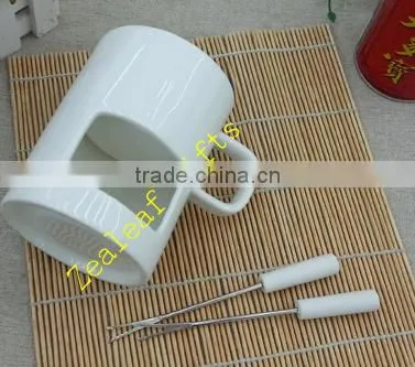 special ceramic chocolate fondue cup,white ceramic fondue mug with forks