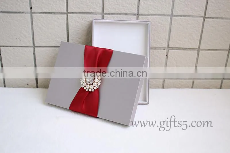 Elegant grey Wedding Invitation Card Box with brooch