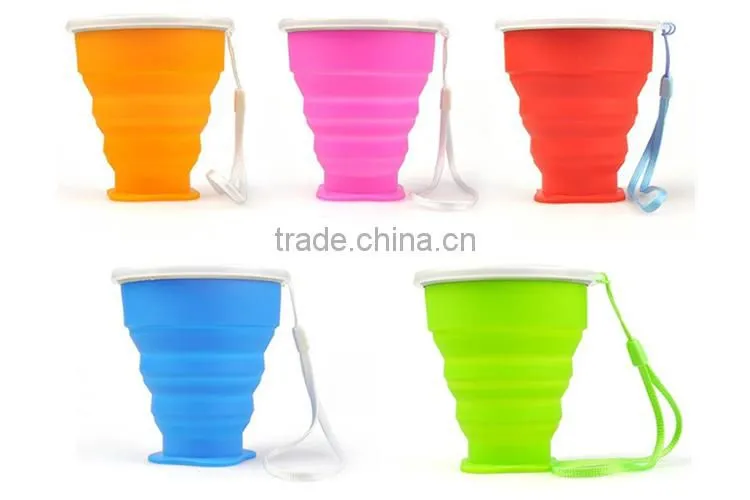 Soft food grade silicone folding drinking cup, silicone custom design collapsible cup with lid