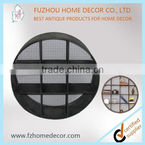 Wooden hexagon wall shelf with metal mesh /chrome wire shadow box