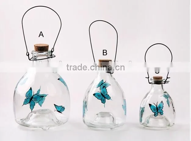 3pcs glass wasp trap with metal handle amd cork hanging glass bee catcher glassware