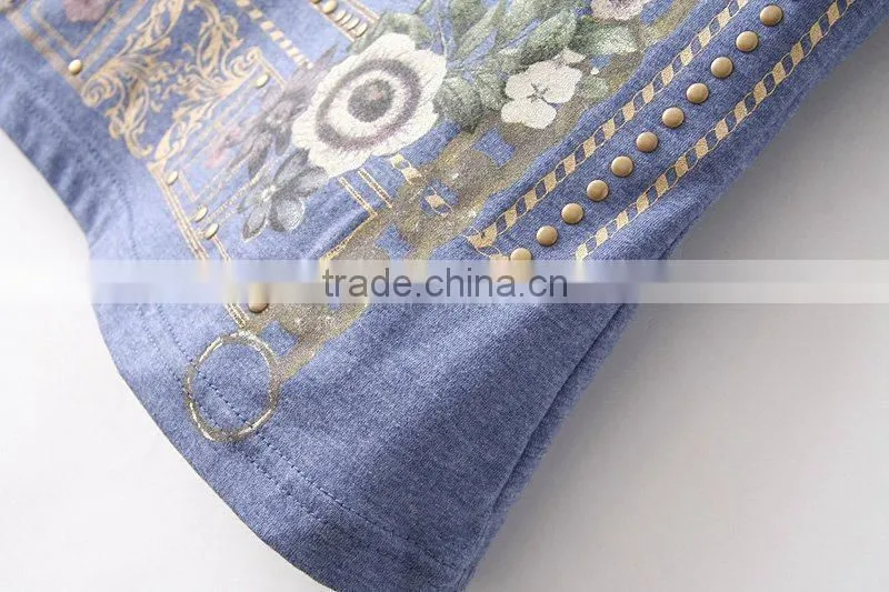 spring Summer New Fashion Women T Shirt Royal Wind Flower Print O-Neck Short-Sleeve Roll Up Hem Cotton T-Shirts clothing