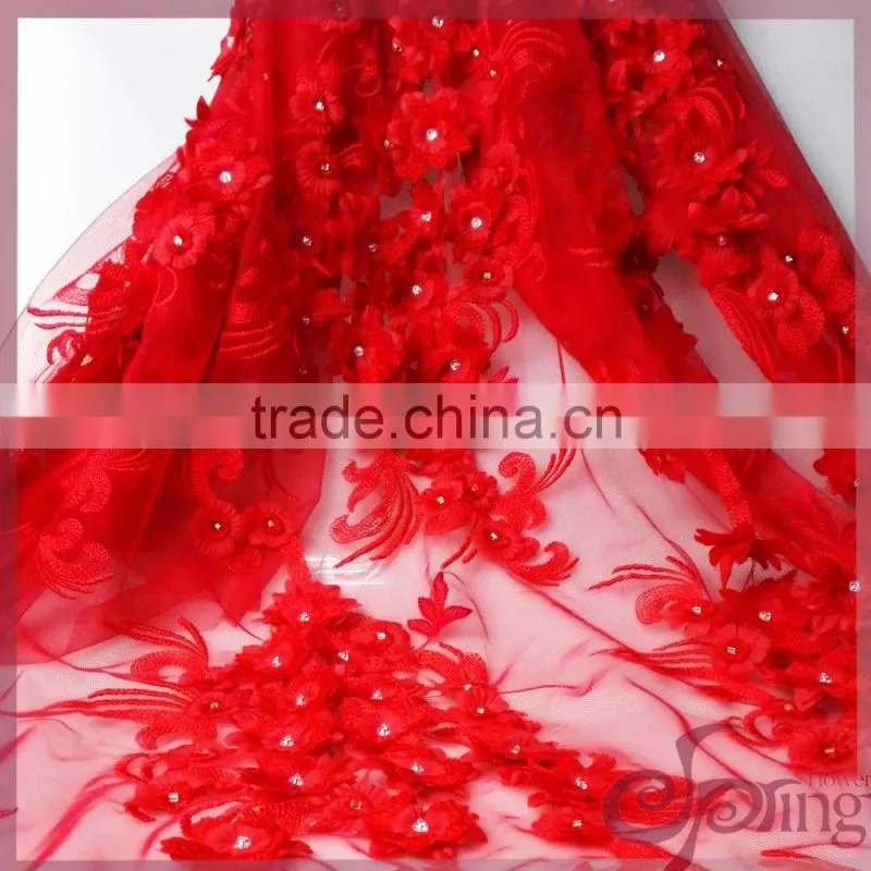 Red floral tulle embroidery with cord lace,sparkle beaded sequin lace fabric for wedding