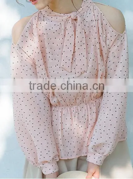 2017 wholesale summer women tie neck cold shoulder long sleeve print blouse