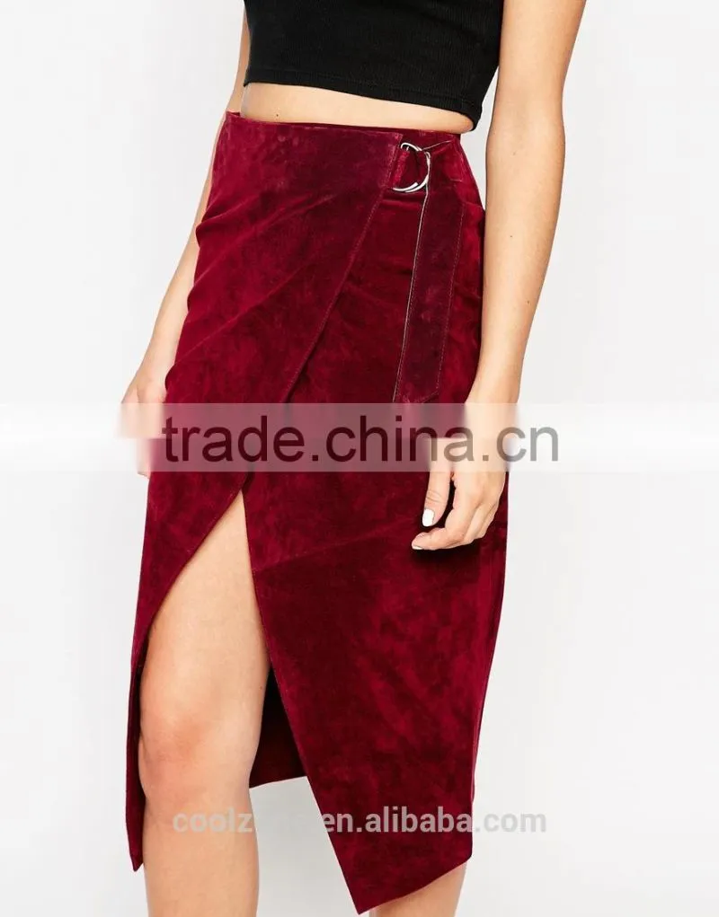 100% Real leather ladies pencil split front wrap skirt