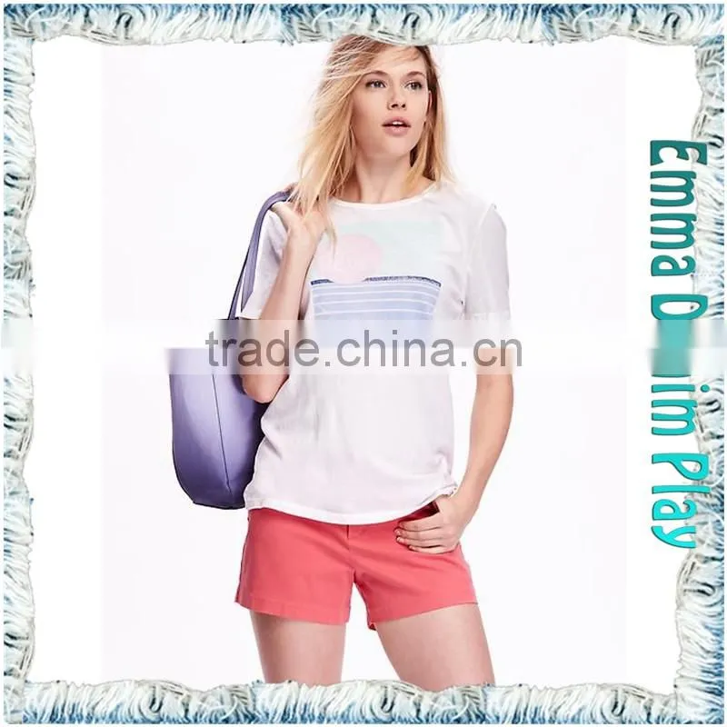 2016 Manufacturers China Ladies Sexy White Silk Printed Scoop Neck Cotton Tee Shirts