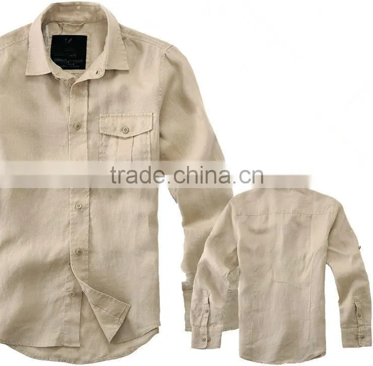 100%linen long sleeve khaki color shirts for men with spread collar and one pocket