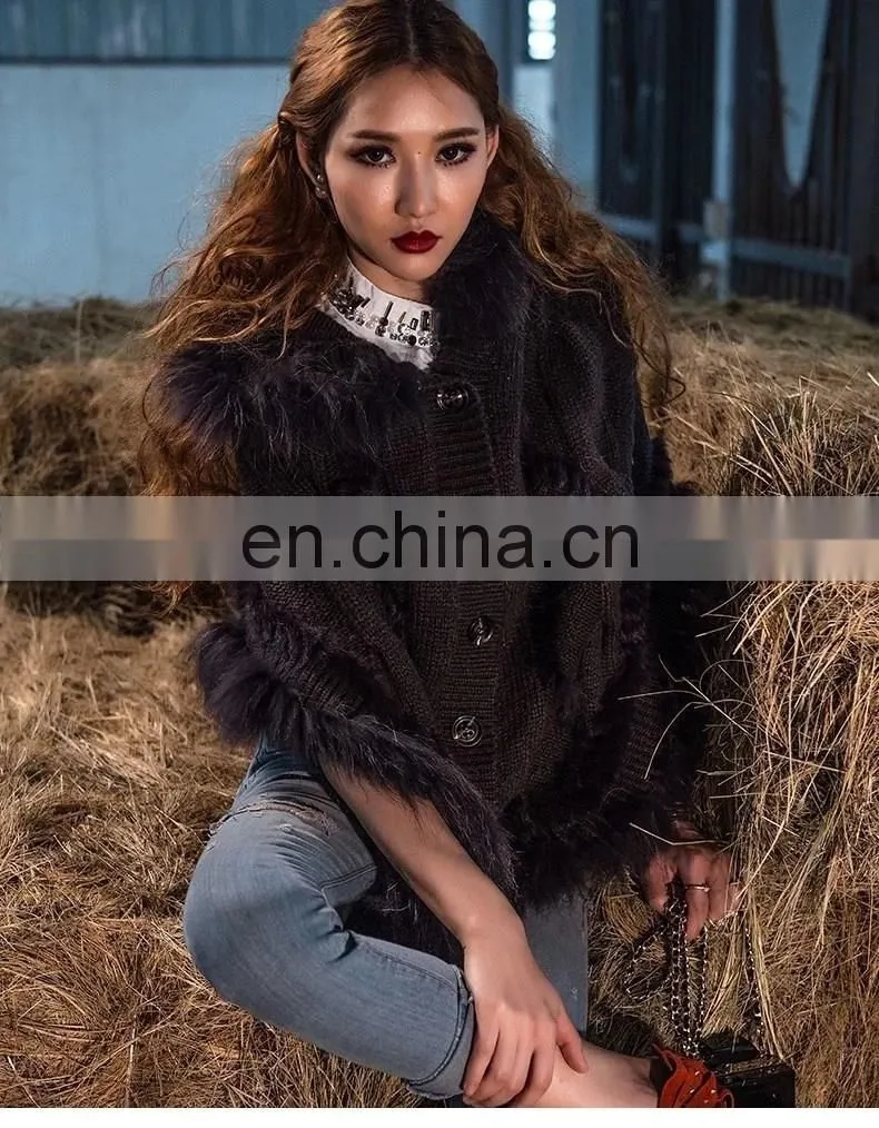 Raccoon and rabbit fur trimming cape cloak with buttons for women knitwear European style