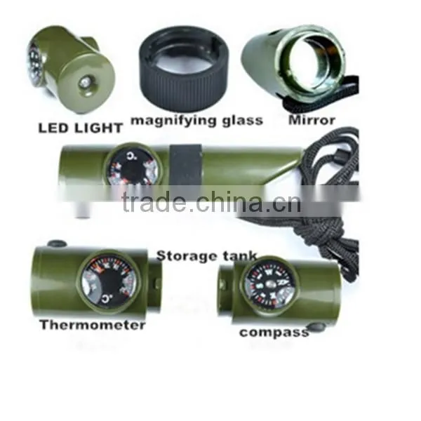 outdoor survival kits gears with Whistle;Compass;magnifying glass;Mirror;Storage tank,flashlight,thermometer 7in1