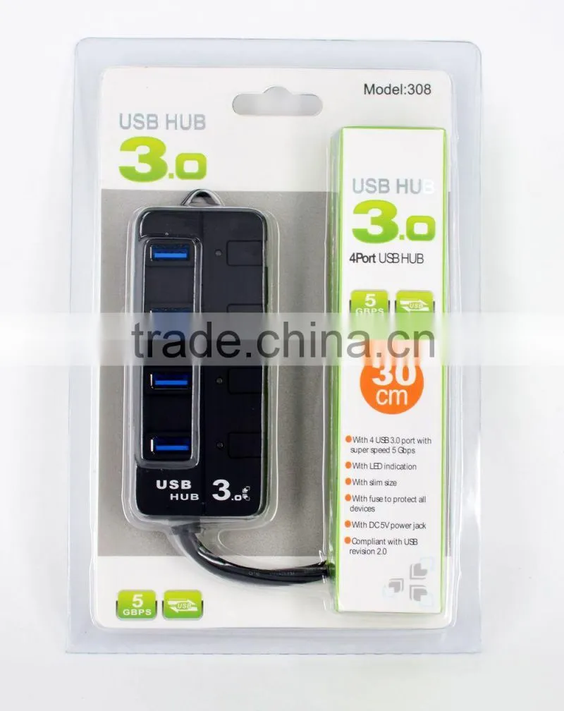 4-Port USB 3.0 Hub with Individual Power Switches and Blue Light LEDs