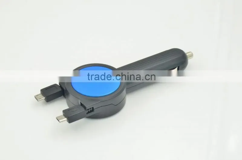 New design protable 3.1A car battery charger with double retractable built-in cable for iphone/samsung/Type-C/htc/blackberry