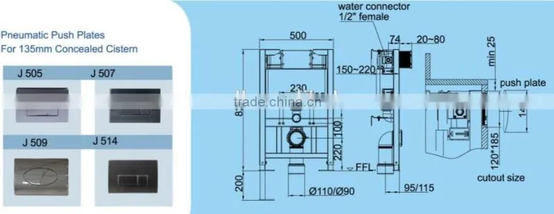 Pneumatic concealed flushing cistern with universal frame for wall-hung toilet from Xiamen, China
