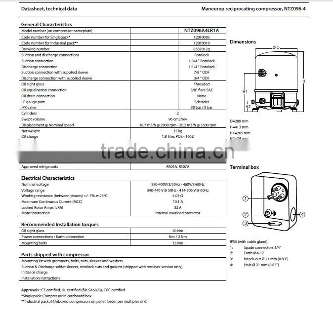 Low Temperature Maneurop Compressor NTZ096A4LR1A
