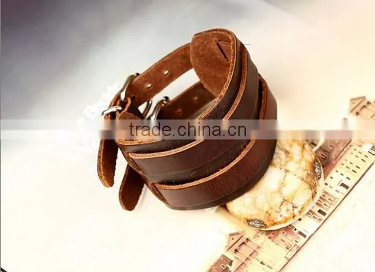 Top Quality Men's Biker Simple Stainless Steel Black Leather Bracelet
