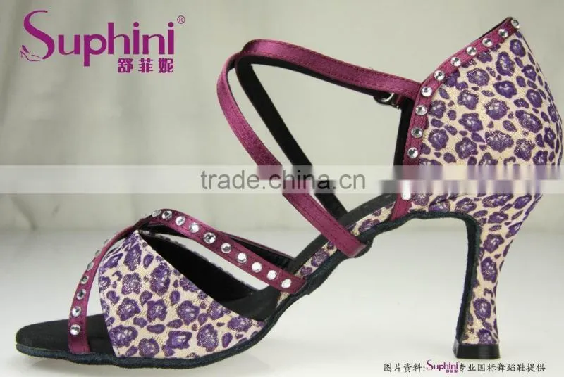 Suphini Leopard Latin Dance Shoes Purple 7.5cm heel