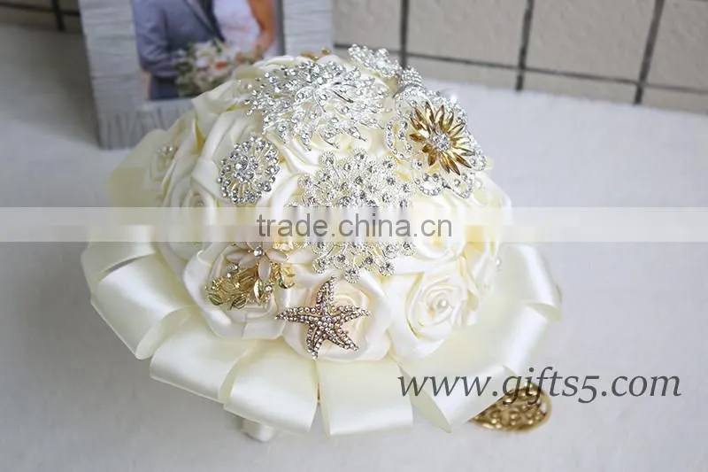 Luxurious White Silk Flowers Wedding Bouquets with beads, rhinestones, brooches