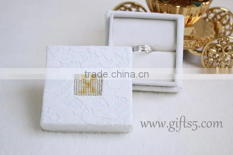 Custom white wedding ring box with beaded name plate of X