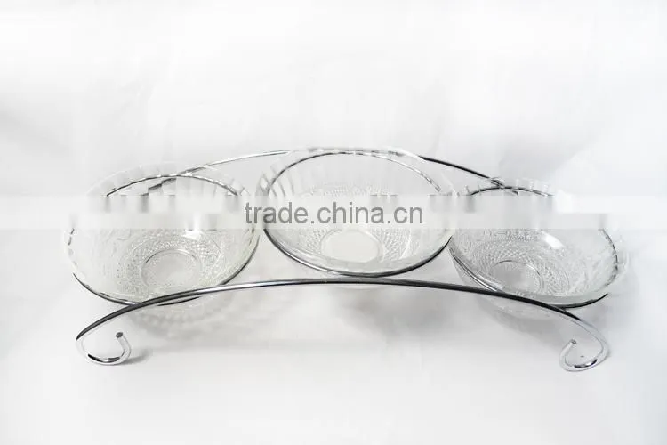 3pcs/set clear glass salad bowl with metal stand
