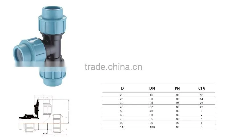 plastic pp compression pipe fiitings equal tee for bathroom accessories
