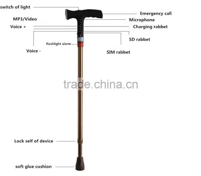 Multi-funcational intelligent walking stik, Adjustable height,Soft rabber base,Long standby for one-time charge,Big button