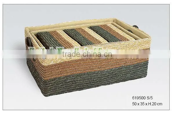 Cheap colored Rectangle straw storage basket with liner and handle