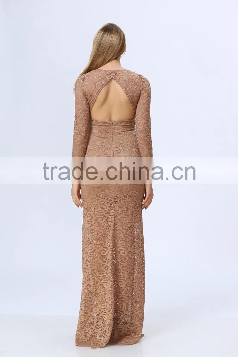 Sexy women v-neck cutout back side split slim lace maxi dress wholesale